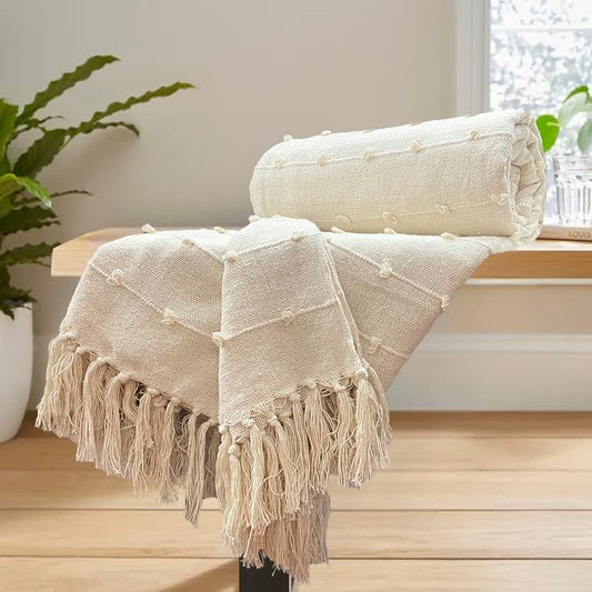 LIVORA Hand-Knitted Pure Cotton Throw Blanket – 80x52 in | Cozy Decorative Throw for Sofa, Bed, Chair & Travel Use