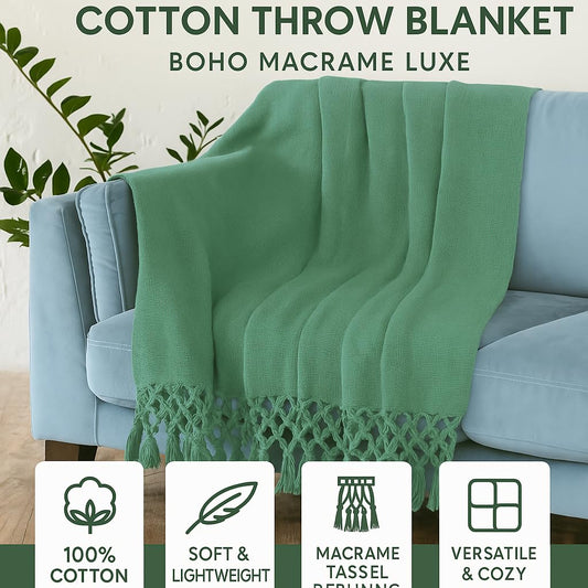 HULAro Green Chenille Throw Blanket – Soft Knitted Tasselled Cozy Cover for Sofa or Bed