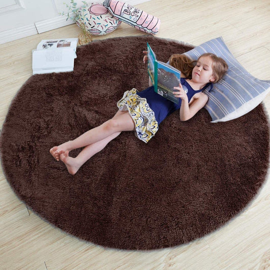 Glocksta Modern Anti-Slip Round Shaggy Fur Rug – Soft Polyester Carpet for Bedroom, Living Room, Dining Hall & Runner Use