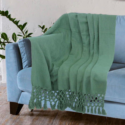 HULAro Green Chenille Throw Blanket – Soft Knitted Tasselled Cozy Cover for Sofa or Bed